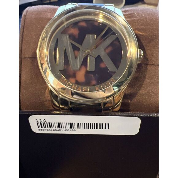 Michael Kors Accessories - MICHAEL KORS RUNWAY GOLD TONE & TORTOISE BROWN LOGO MK BRACELET WATCH MK5788 EUC